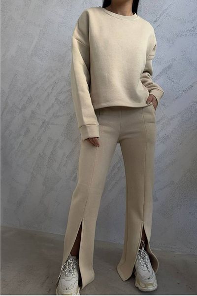 lovebox Women's Oversize Sweat Pant Slit Tracksuit Jogging Beige Double Suit 1270