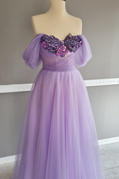 Lenta Moda Lila Drapeli 3 Boyutlu Dantel Detaylı Abiye