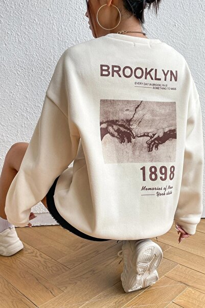 MOONBULL Unisex Beige Brooklyn 1898 Printed Crew Neck Oversize Sweatshirt