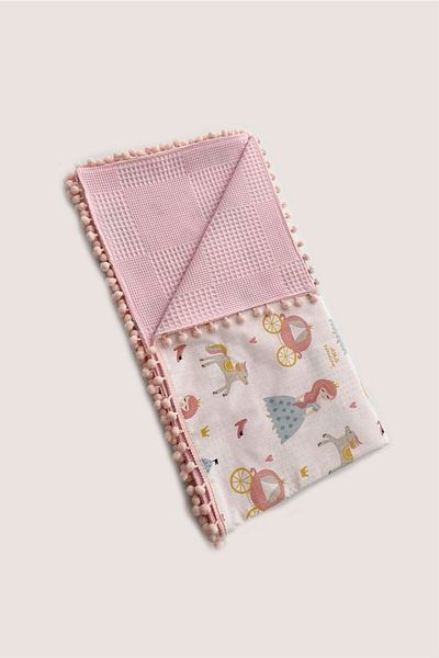 Jaju Baby Pink Waffle Pique Princess Patterned Double Sided Baby Blanket 110x100 Cm