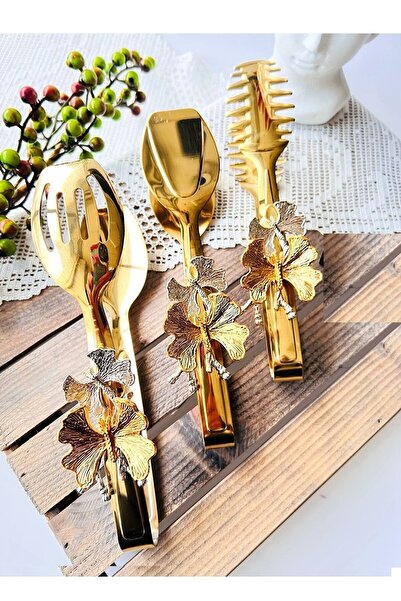 WuuQ Lüx - Çelik 3 Lü Servis Maşa Çeyiz Seti Gold Renk Titanyum Kaplama - Kel...