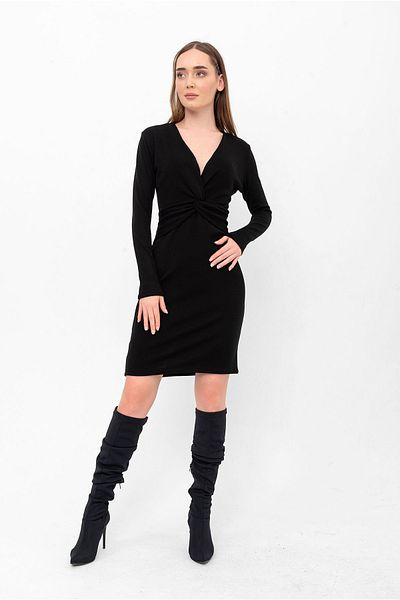 Laranor Black Knotted V-Neck Knitwear Dress on the Waist