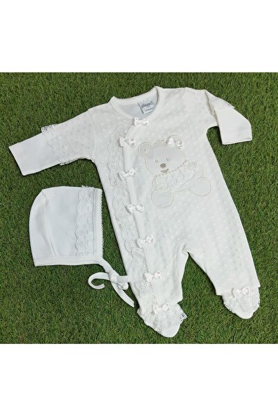 Sönmez Baby Tüm Dantelli Ayı Penye Tulum Ve Şapkası Kız Bebe Takım