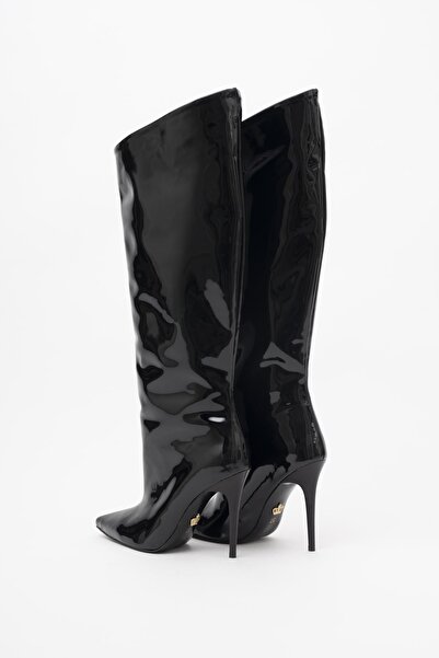 AYAKKABI PRENSİ Rakkas Siyah Rugan 10 Cm Kadın Çizme, Topuklu Çizme