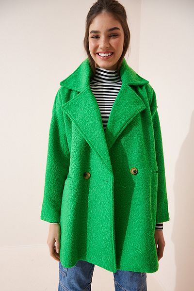 Happiness İstanbul Dámský světle zelený kabát oversize Boucle OH00029