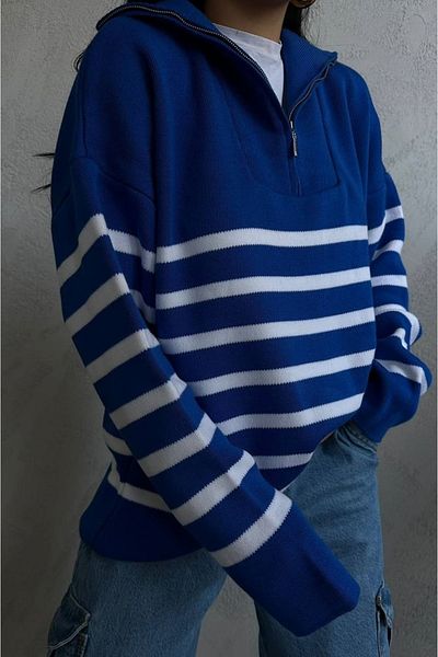 lovebox Women's Striped Zippered Knitwear Saks-white Sweater 6695