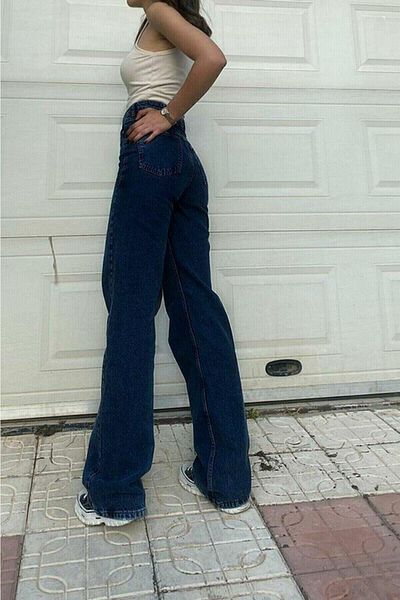 BROSERER Dark Blue Extra Super High Waist Lycra Palazzo Wide Leg Jean Trousers