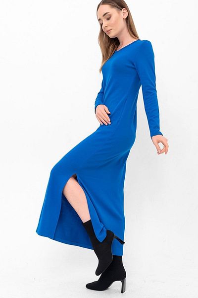 Laranor Blue Crew Neck Slit Long Knitwear Dress