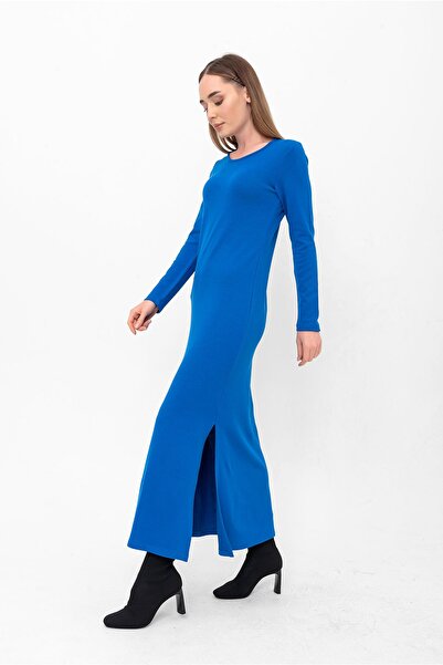 Laranor Μακρύ πλεκτό φόρεμα μπλε Crew με λαιμόκοψη