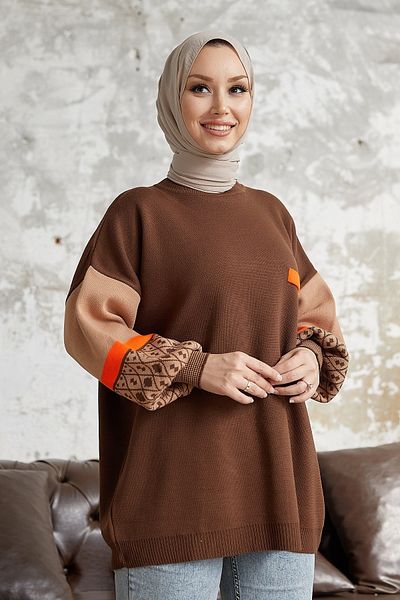 InStyle Aren-Ärmel-Strickpullover mit ethnischem Muster – Bitterbraun