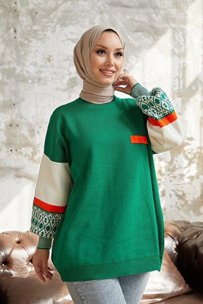 InStyle Aren Sleeve Ethnic Pattern Knitwear Sweater - Green