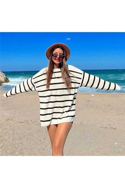 BertoNelly Çizgili Simit Yaka Selanik Örme Oversize Triko Kadın Kazak