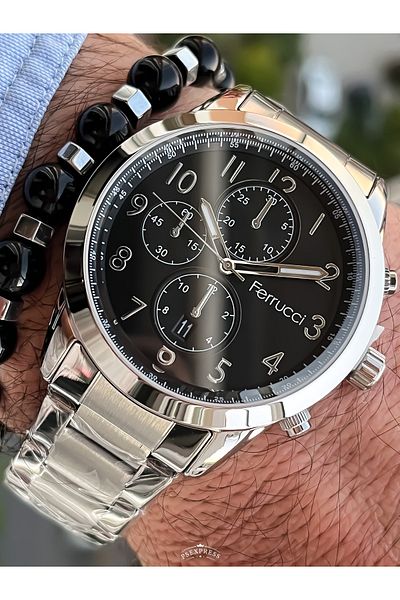 Ferrucci Brand 2 Year Warranty, Steel Strap Silver Color, Men's Wristwatch with Numbers