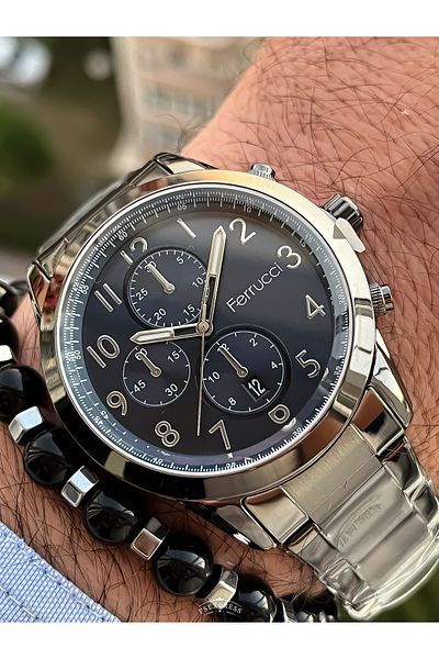 Ferrucci Brand 2 Year Warranty, Steel Strap Silver Color, Men's Wristwatch with Numbers