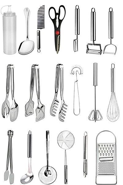 Trouvaille 19 Piece Economical Kitchen Prep Set Colander, Grater, Frying Tongs, Whisk, Serving Tongs Set Dowry
