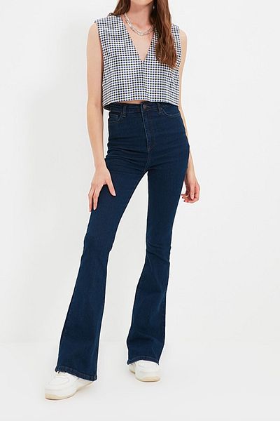 LİMABEL Pantaloni din denim cu talie înaltă, cu lycra, albastru închis, evazat spaniol