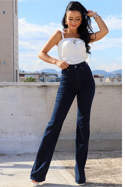 LİMABEL Cazul Spaniol Lycra Colorfast Albastru Inchis Spaniol Flare Leg Jean Pantaloni Denim Talie Inalta