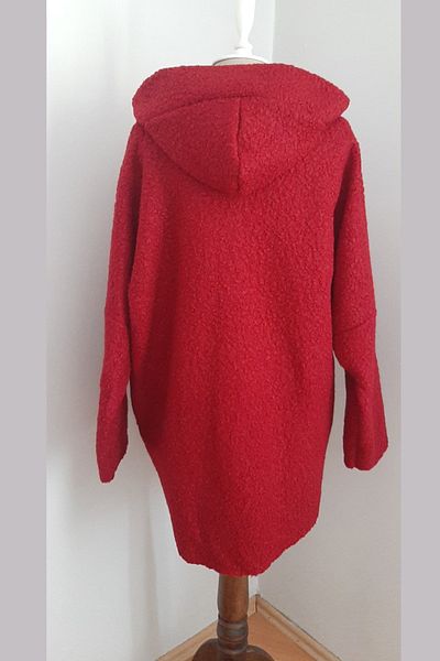 AYASOFYA OTANTIK Women's Italian Red Hooded Short Boucle Coat with Zipper Pockets