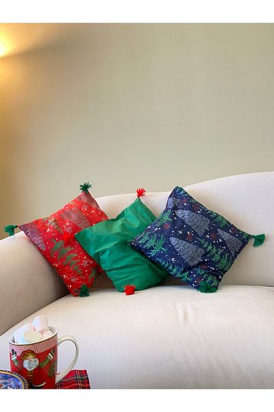 White Alamode Blue, Red, Pine Patterned and Green Colored 3-Piece Cushion Pillow Set 40x40cm