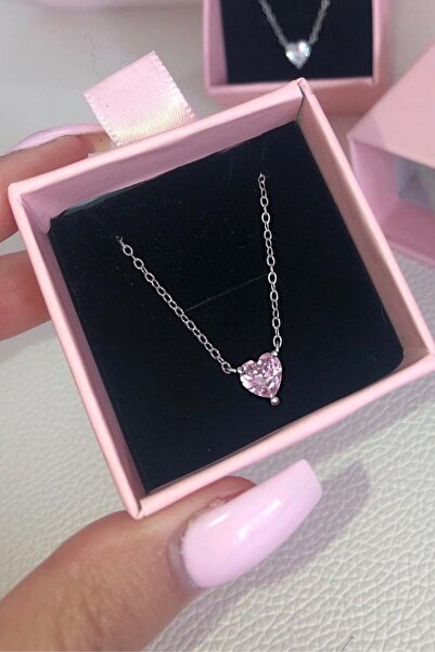Crystal Diamond Zirconia 1 Karat Pembe Kalp Kolye