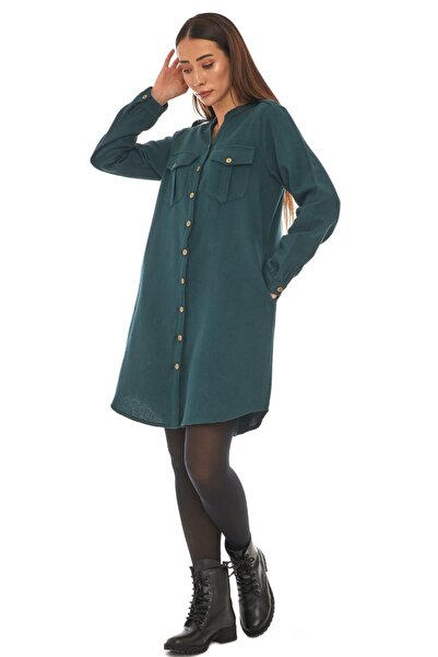 Newbutix Pazen Petrol Gömlek Elbise