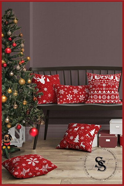 SasoHome 4-Piece Combination Digital Printed Throw Pillow Cover with Deers and Pine Trees Pattern on Red Background