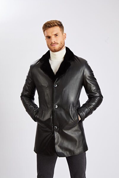 KARA DERİ Erkek Kürklü Hakiki Kuzu Derisi Trençkot