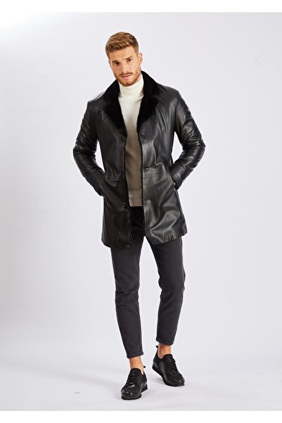 KARA DERİ Erkek Kürklü Hakiki Kuzu Derisi Trençkot