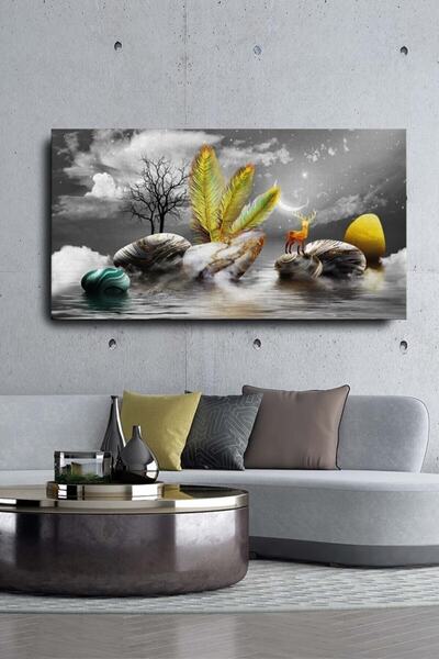 HDART Dekoratif Soyut Altın Geyik Ve Taşlar Sürreal Kanvas Duvar Tablosu 120x...
