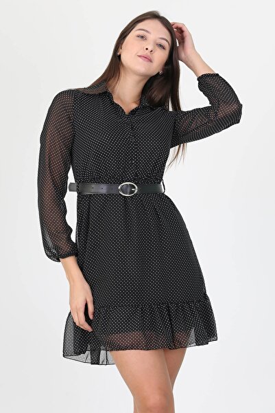 Neşeli Butik Kadın Kemerli Gömlek Yaka Puantiyeli Mini Elbise Rssn18