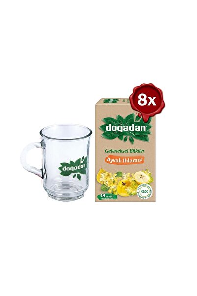 Doğadan شاي أيفالي الزيزفون 18 قطعة × 8 وكوب زجاجي هدية