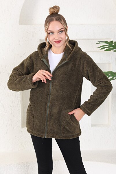 Genel Markalar Welsoft Fermuarlı Kapüşonlu Kısa Polar Hırka Haki Yeşil