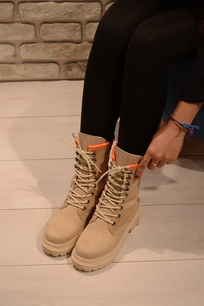 Isy Kadın Krem-turuncu Süet Bağcıklı Kalın Postal Bot