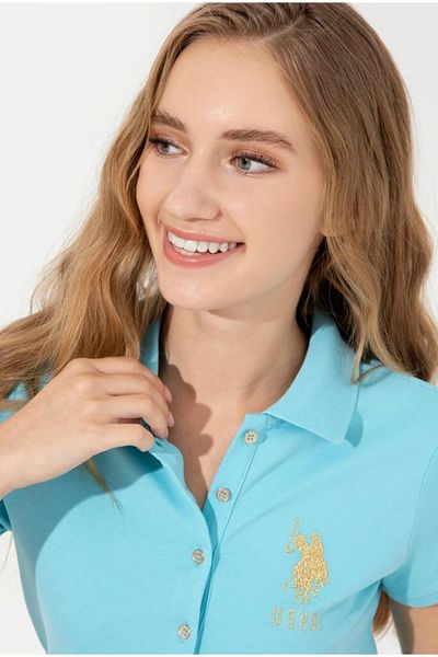 U.S. Polo Assn. تيشيرت نسائي أساسي برقبة بولو باللون الفيروزي