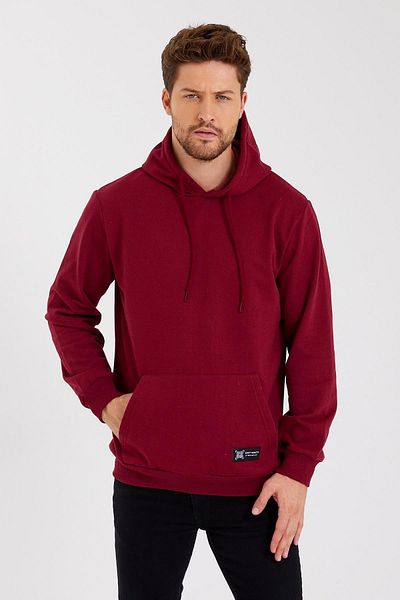 COMEOR Claret Red Kangaroo Pocket Hooded Cotton Inside Men's Sweatshirt