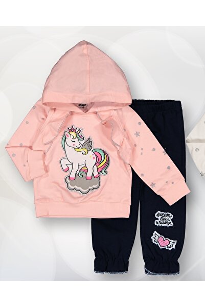 Novy Baby Kapşonlu Unicorn Aplike Nakışlı Sim Baskılı Kız Bebek 2'li Takım 0-...