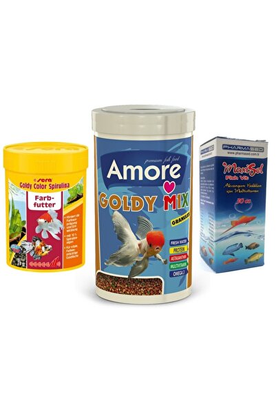 AMORE Goldy Mix 1000ml Ve Goldy Color Spirulina 100ml Japon Balığı Yemi Ve Vi...