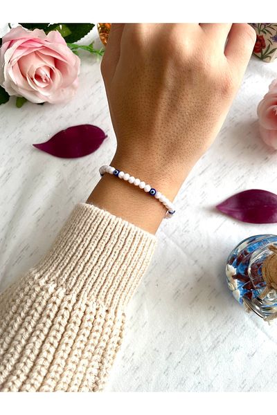 Padore Accessory Women's - White Color, Stylish Design Minimal Bracelet with Evil Eye Bead Detail| Handcrafted