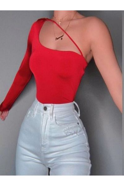 f-maskfashion Red Rope Detail Single Sleeve Bustier