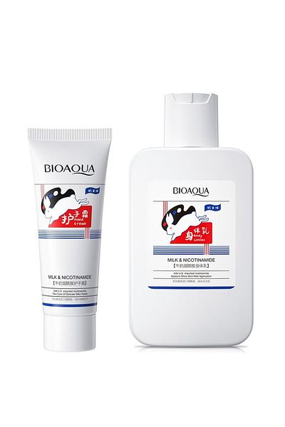 Bioaqua قطعتين من الحليب والنيكوتيناميد للعيوب - مجموعة العناية باليدين والجسم المضادة للشيخوخة