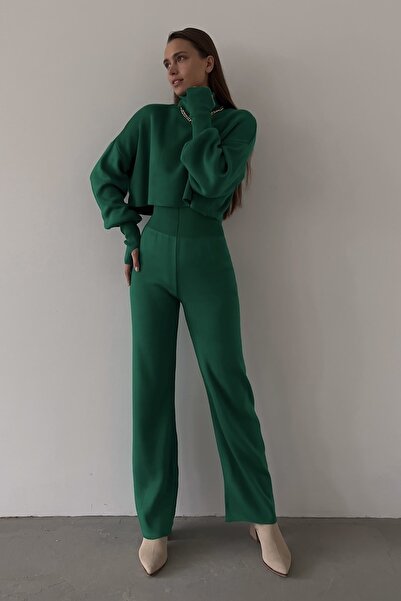 barış sülün lovebox Finger-Cut zöld kötöttáru Crop és magas derekú kötöttáru nadrág szett 015