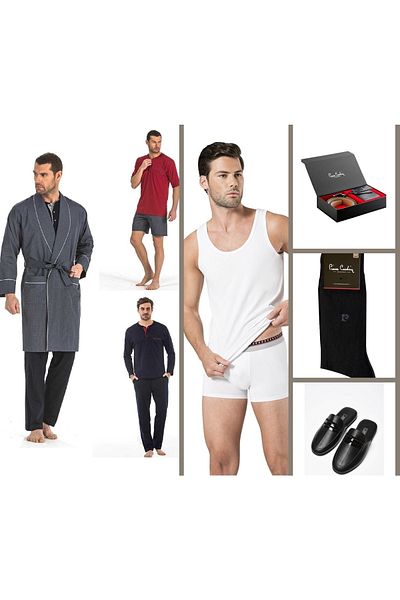 Pierre Cardin 5-Piece Dowry Pack Robdushambr Athlete Boxer Set Socks and 2-Piece Belt Wallet Set Navy Blue