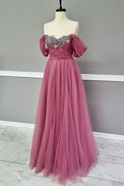 Lenta Moda Gül Kurusu Drapeli 3 Boyutlu Dantel Detaylı Abiye Gece Elbisesi