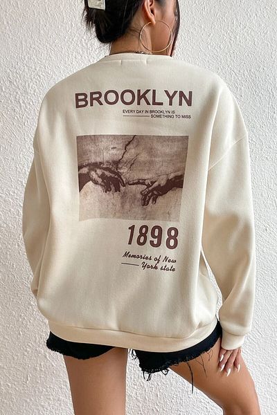 MOONBULL Unisex Beige Brooklyn 1898 Printed Crew Neck Oversize Sweatshirt