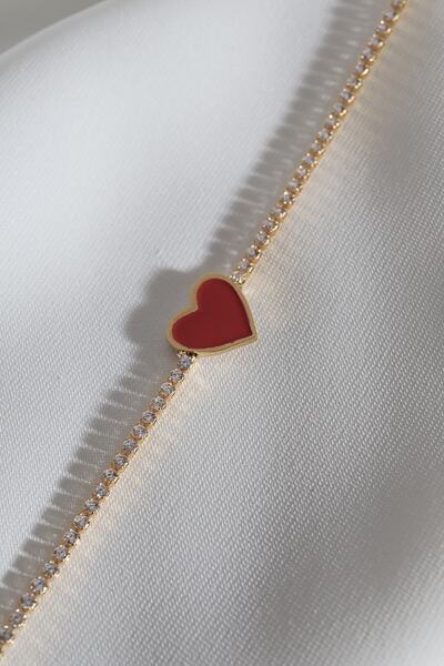 Genel Markalar Kırmızı Mineli Kalp Figür Su Yolu Gold Bileklik