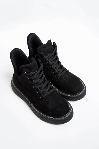 Stilbagshoes Liz Taş Detaylı Bağcıklı Süet Kadın Botie Siyah
