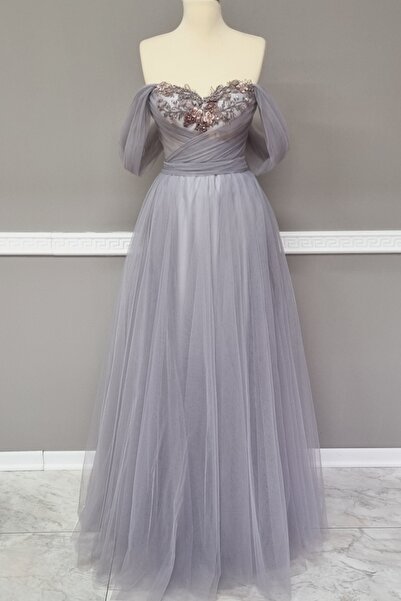 Lenta Moda Gri Drapeli 3 Boyutlu Dantel Detaylı Abiye/gece Elbisesi