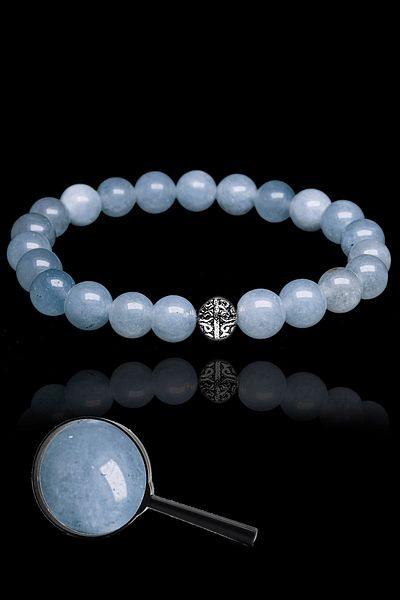 Tesbih Atölyesi Certified Real Aquamarine Stone Bracelet 8mm - With Silver Device