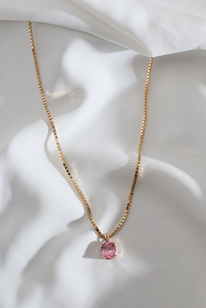 Süspüs Accessories Pembe Büyük Tek Taşlı Gold Kolye