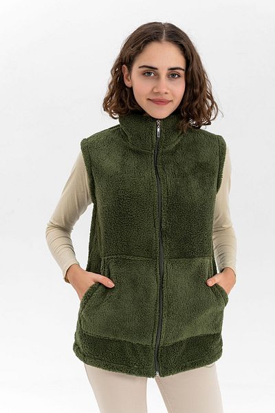 EtkiModa Women's Khaki Stand-up Collar Zippered Plush Vest
